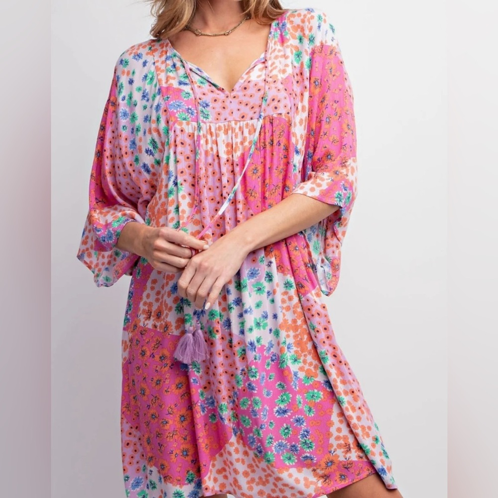 NWT Easel LA Multicolor Boho Floral Patchwork Dress/Tunic Top Oversized Small